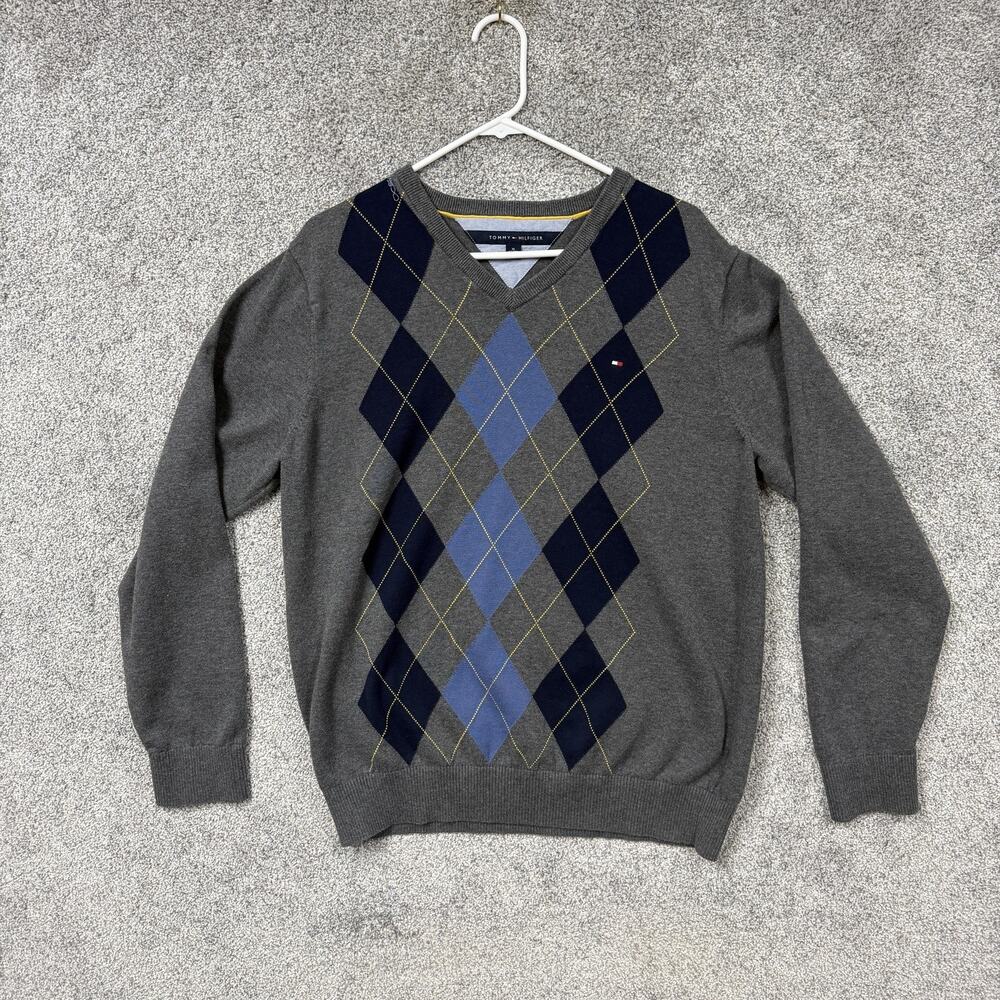 Tommy Hilfiger Sweater Mens Size XL Gray V-Neck Argyle Knit Preppy Dark Academia